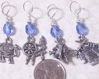 sheep to shawl no snag knitting stitch markers, sheep,yarn,spinning wheel,4, gold silver pewter charms