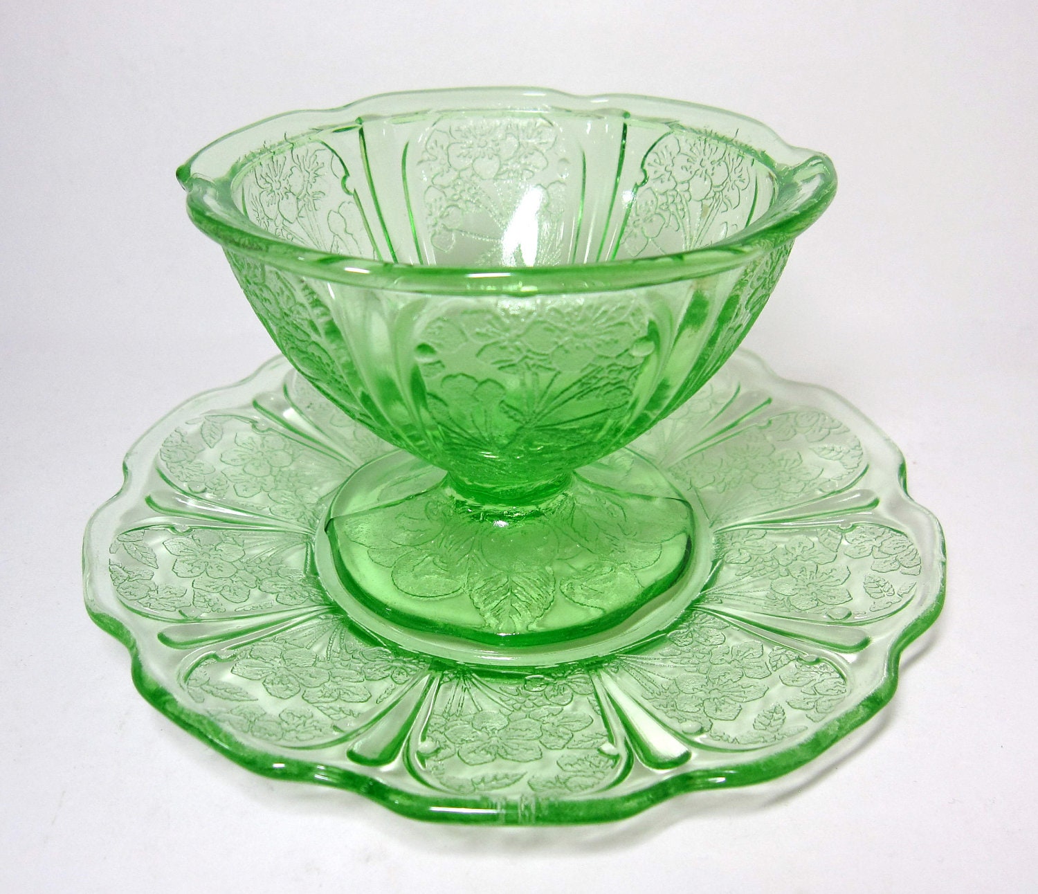 JEANNETTE Green Depression Glass Sherbet Bowl and Dessert