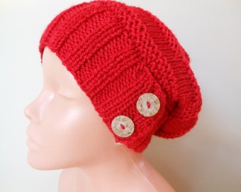 Hand Knit Slouchy Beanie Hat Acrylic Red Color