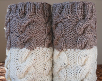 SALE Hand Knitted Boot Cuffs Leg Warmers 2in1 Cream and Beige Tweed
