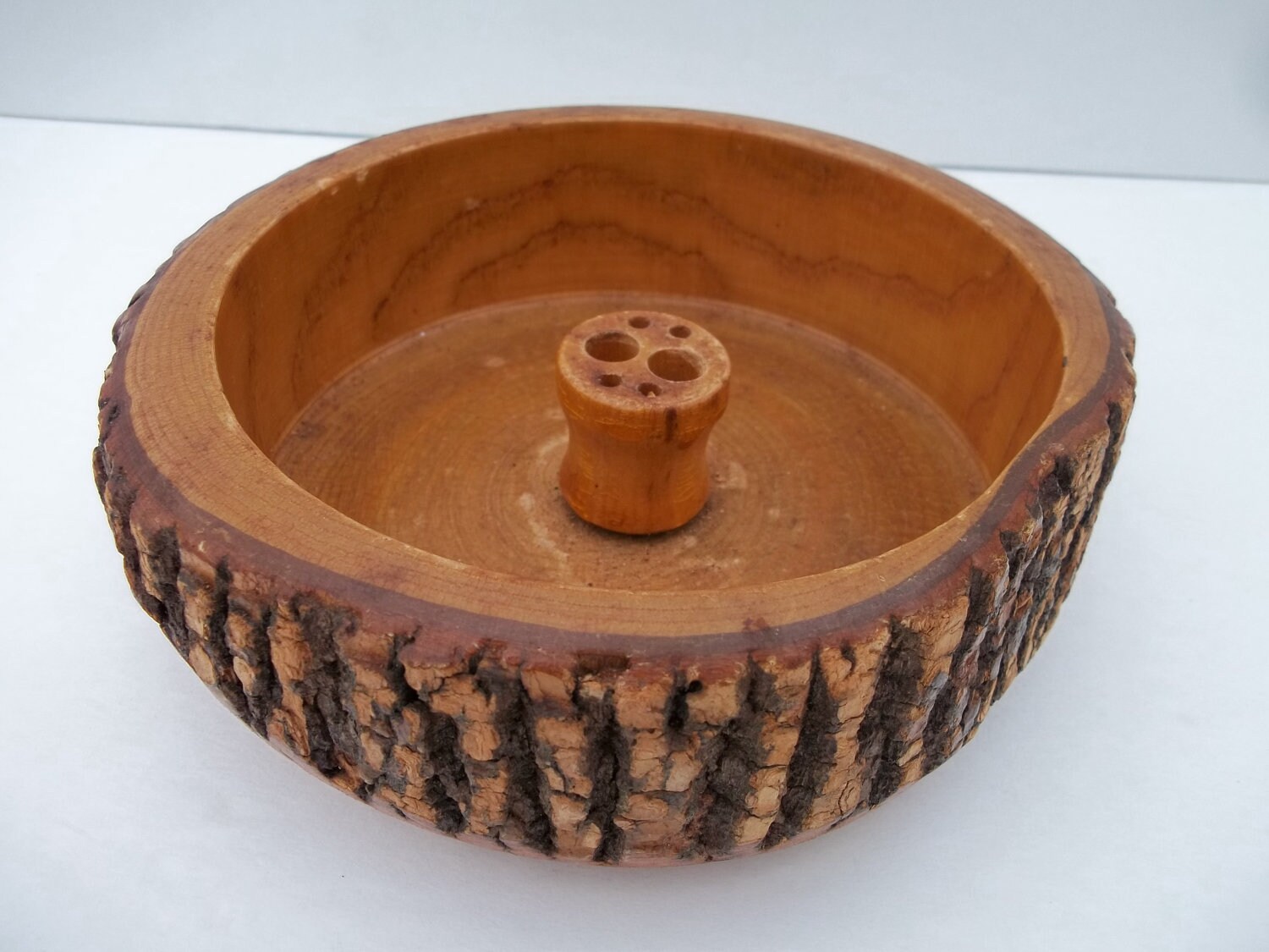 Vintage Wood Nut Bowl with Rustic Tree Bark Trim