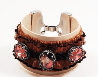 Leather cuff bracelet bohemian woman in red Swarovski brown ribbon lace- gypsy style bracelet vintage style - handmade gift woman