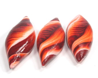 Large leaf shaped beads set in maroon, red, orange and white, Polymer Clay beads, unique pattern, Set of 3 Marquise beads