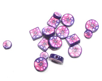Pinks and purple round and Square flat beads, Polymer clay beads, millefiori unique beads pattern, elegant beads, set of 16