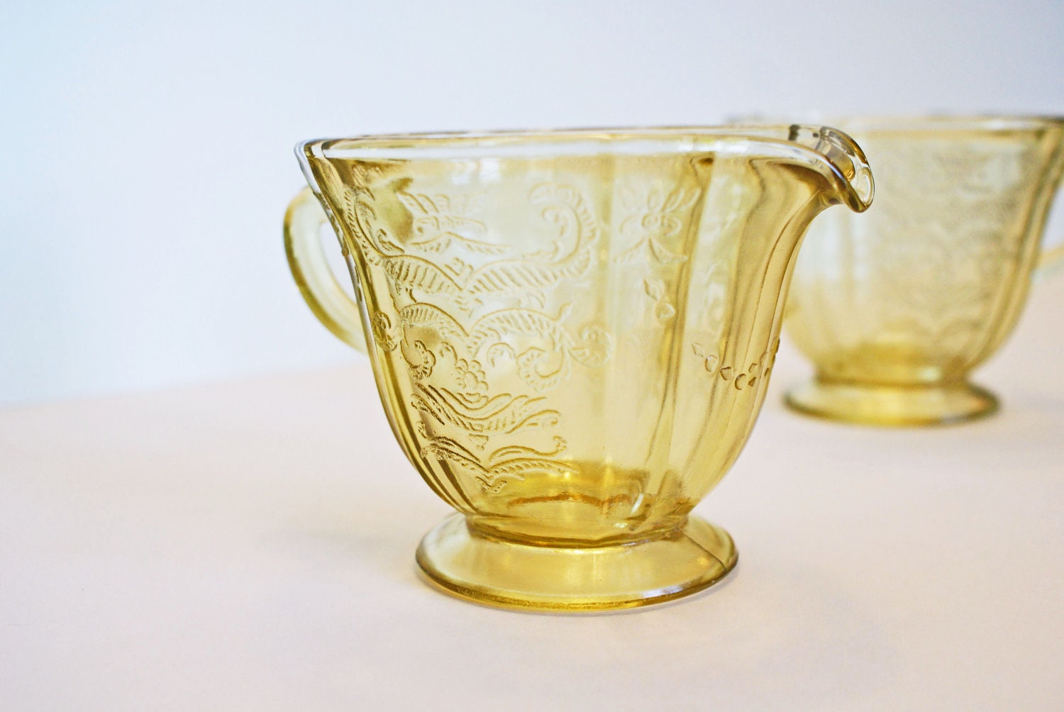 Antique Depression Glass Amber Yellow Madrid Cream Pitcher   Il Fullxfull.370593055 P50g 