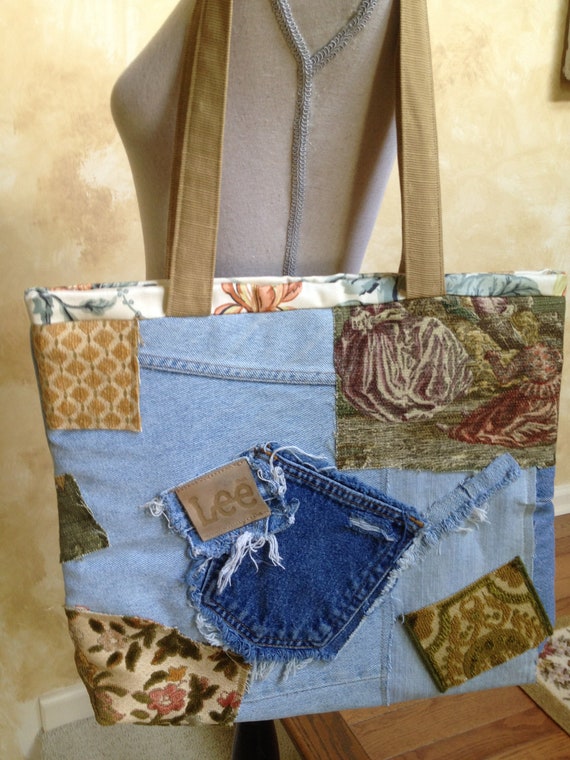 Denim Tote Bag with Vintage Fabric by NancyAnneDesigns on Etsy