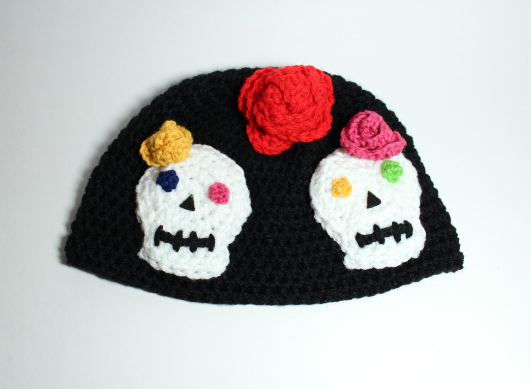 Sugar Skull Hat Crochet Beanie Day of the Dead Skullcap
