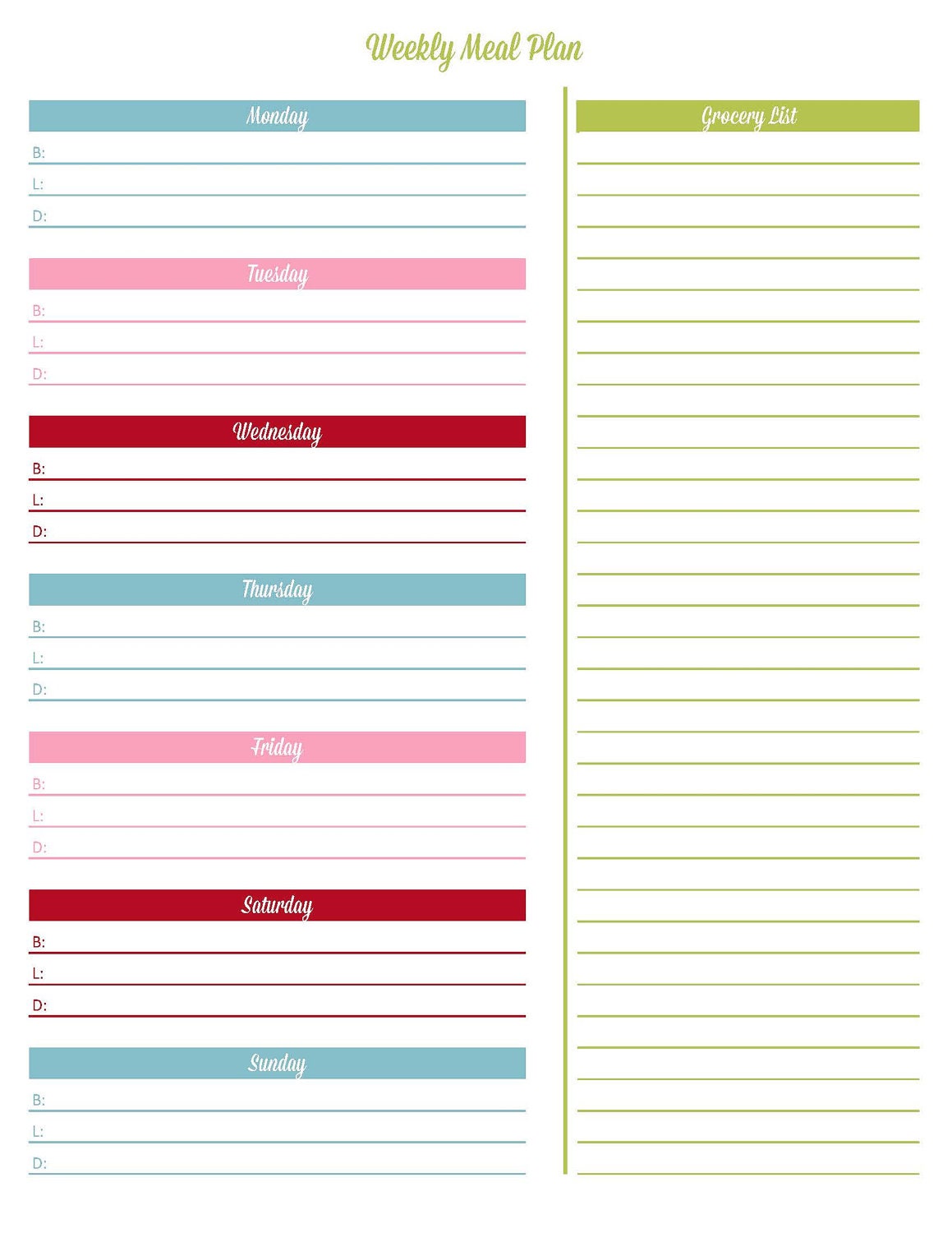 Weekly Meal Plan Printable Editable Instant Download with