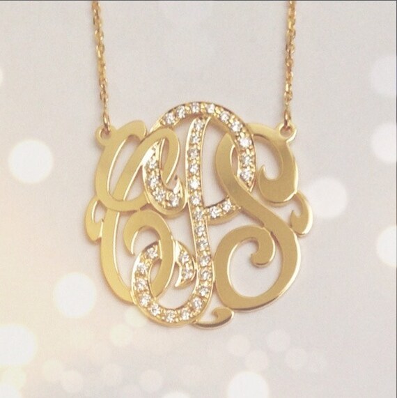 Small 14k Gold Monogram Necklace with Diamond Middle Initial