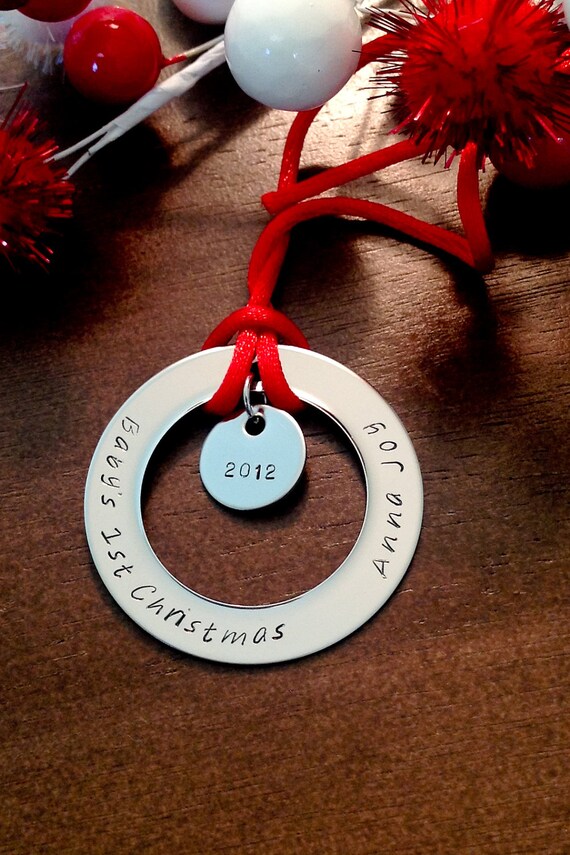 Hand stamped stainless steel ornament Baby's First by jemsinc