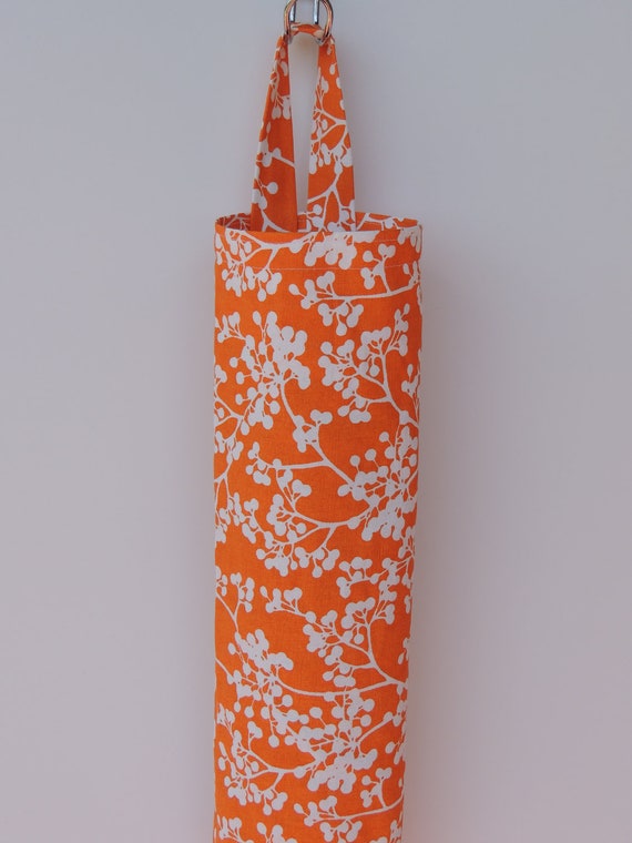 orange and white. fabric plastic bag holder. bag dispencer. reusable ...