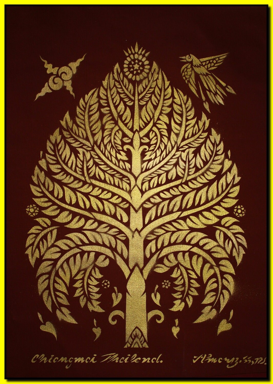 Thai traditional stencil art of bodhi tree by spray paint on