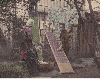 Vintage Postcard ofJapanese Women Cleaning Silk on Boards Postmarked 1918