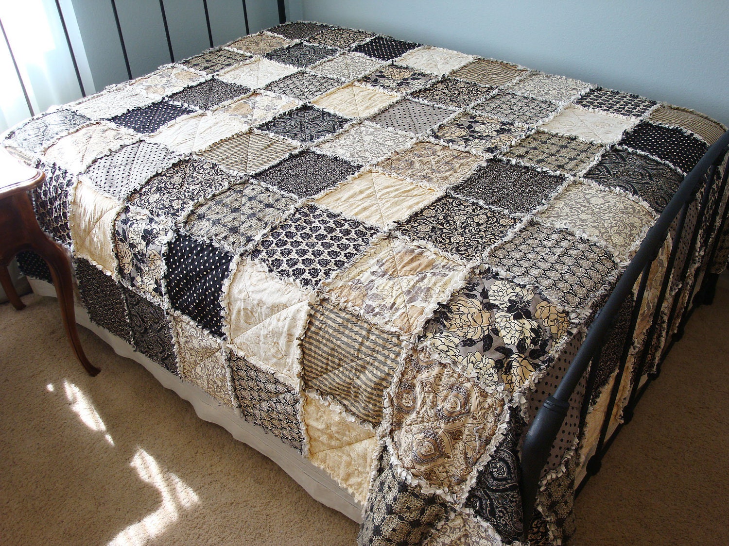 QUEEN Size Rag Quilt Neutral Tones Black Cream Tan and