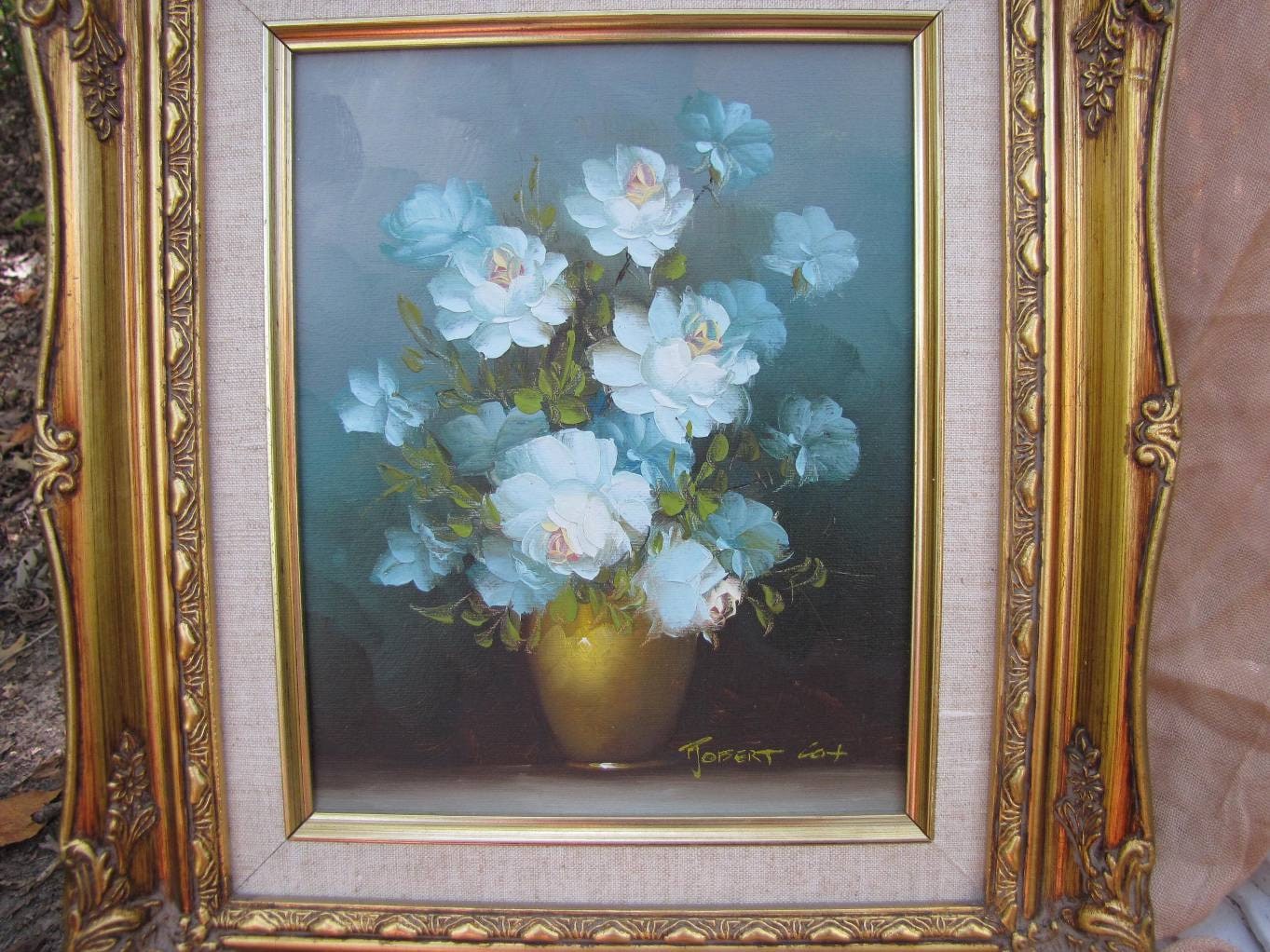 Robert Cox Original Oil Painting Blue Roses Carved Gold