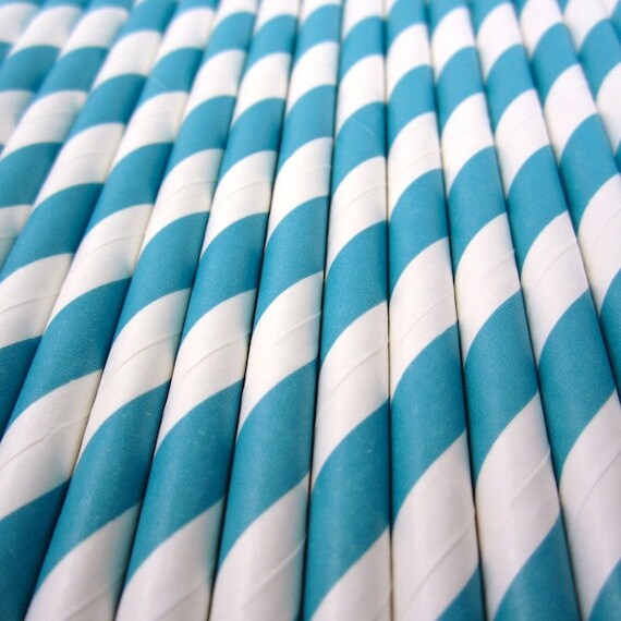 25 Turquoise Stripe Paper Straw - Drinking Straw - Party Supplies Il_570xn