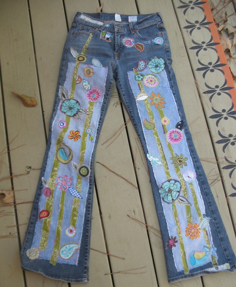 hippie denim patch work recycled retro jeans