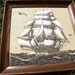 Sailboat painting on burlap, black and white, wood frame