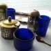 Vintage Condiment Set Silver Plated with Cobalt Glass Liners Celtic Quality Plate Made in England Salt, Pepper, Mustard with Spoon