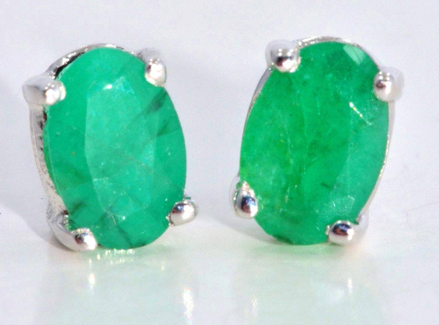 Genuine Emerald Oval Stud Earrings .925 Sterling Silver