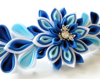 Kanzashi fabric flower french barrette. Blue and white.