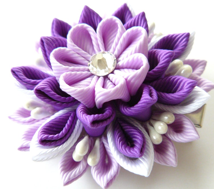 Crochet headband with Kanzashi fabric flower. Purple by JuLVa