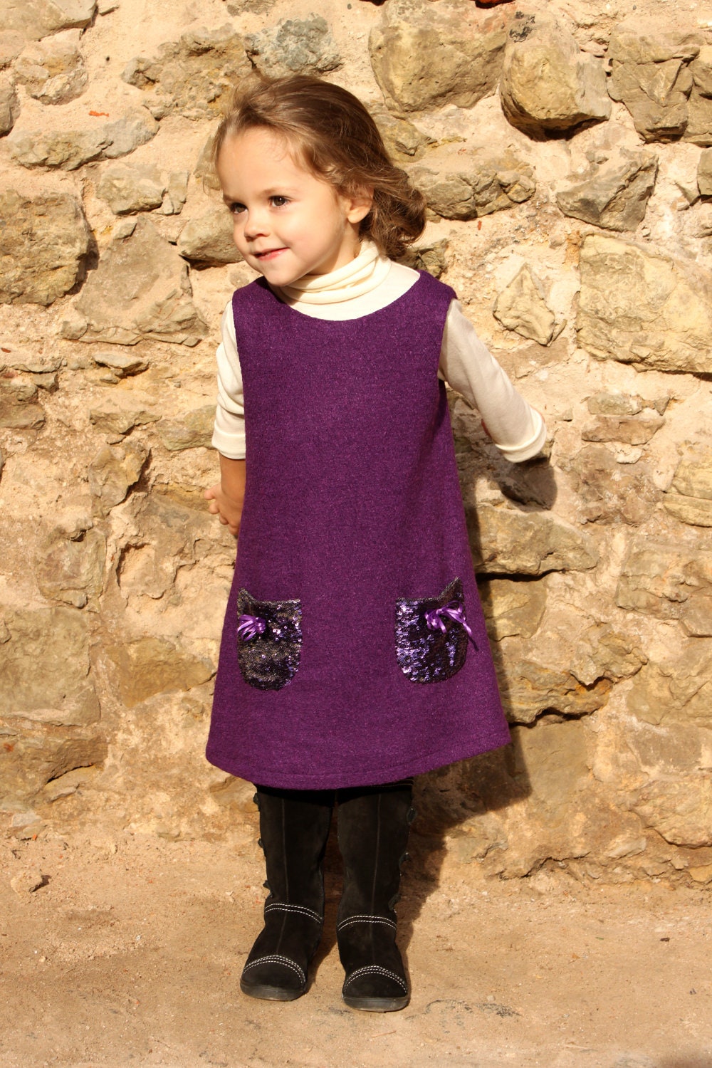 Girls wool dress violet autumn winter warm soft christmas