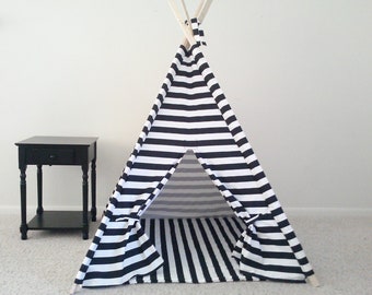 Black and White Horizontal Stripe play teepee and Mat black and white Tent Kids Teepee Play Tent Made to Order
