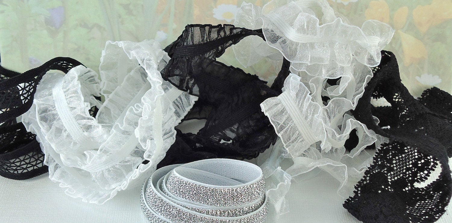 Elastic Ribbon Ruffle Lace Garter headbands 2 ft each of 6