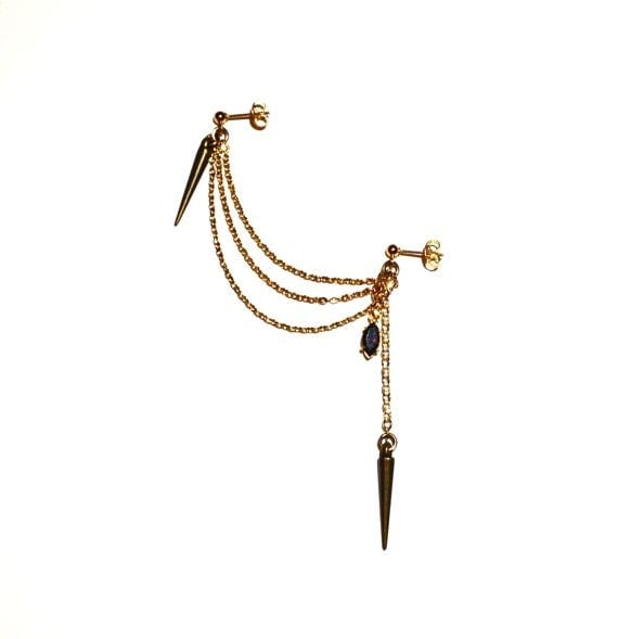 Gold Cartilage Chain Earring with Cone and Rhinestone Drops