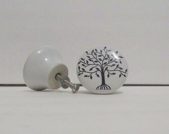 White Ceramic Knob-Decorative Dresser Tree Print Knob