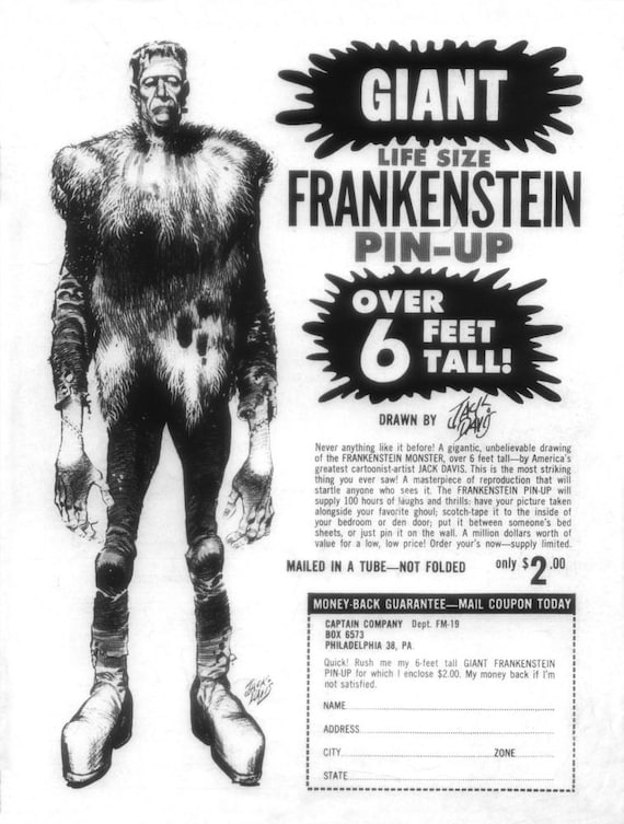 Halloween Decoration ..Vintage 6 Foot FRANKENSTEIN Poster Sold by the Captain Company of. Famous Monsters of Filmland 1970's Jack Davis