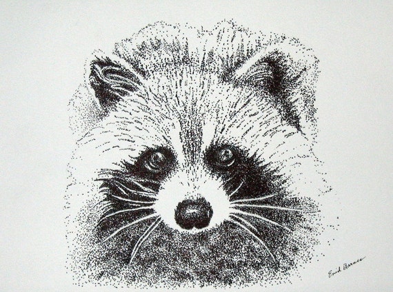 Items similar to Original Pen and Ink Pointillism Drawing of a RACCOON