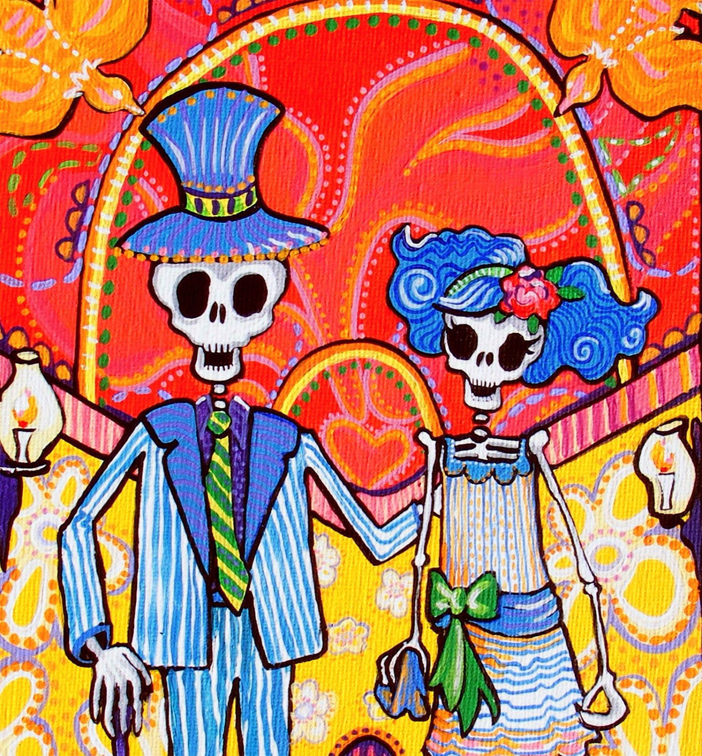 Original Painting Day of the Dead Art Wedding Calavera Couple