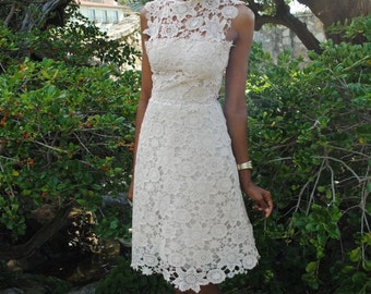 Vintage 1950s Style Ivory White Sheer Wedding Tea Length DRESS Rehearsal Dinner Bridesmaids Simple Vintage 1950s Style Ivory White Sheer Wedding Tea Length DRESS Rehearsal Dinner Bridesmaids Simple