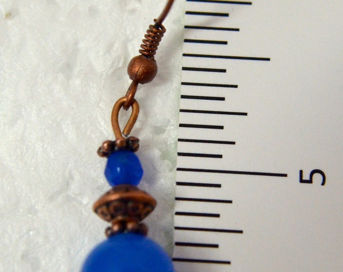 Sapphire Gembead Earrings, 1.5" Long, Pure Copper Metal, Natural Gembeads E165