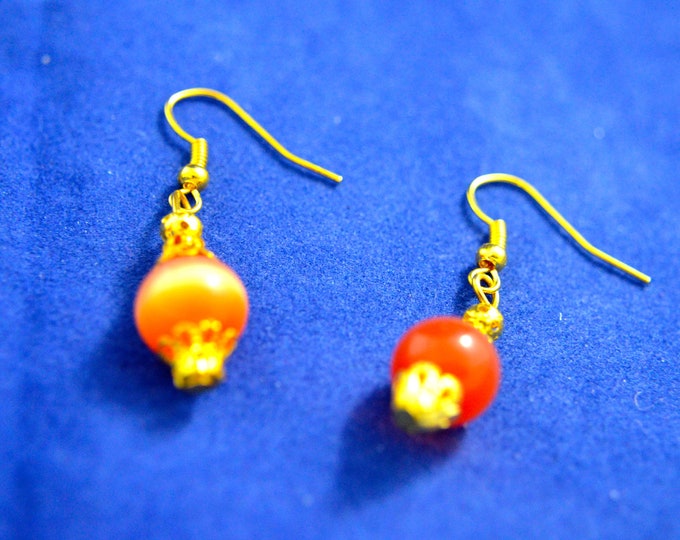 Mexican Opal Earrings, 1.5" long, Natural, Beautiful Orange with Gold French Hooks E170