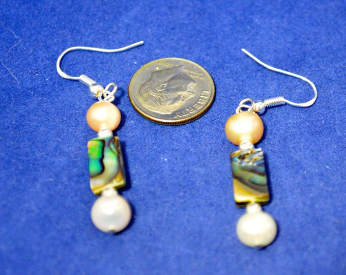 Pearl & Paua Earrings, Sterling Silver, 2 Inches Long E262