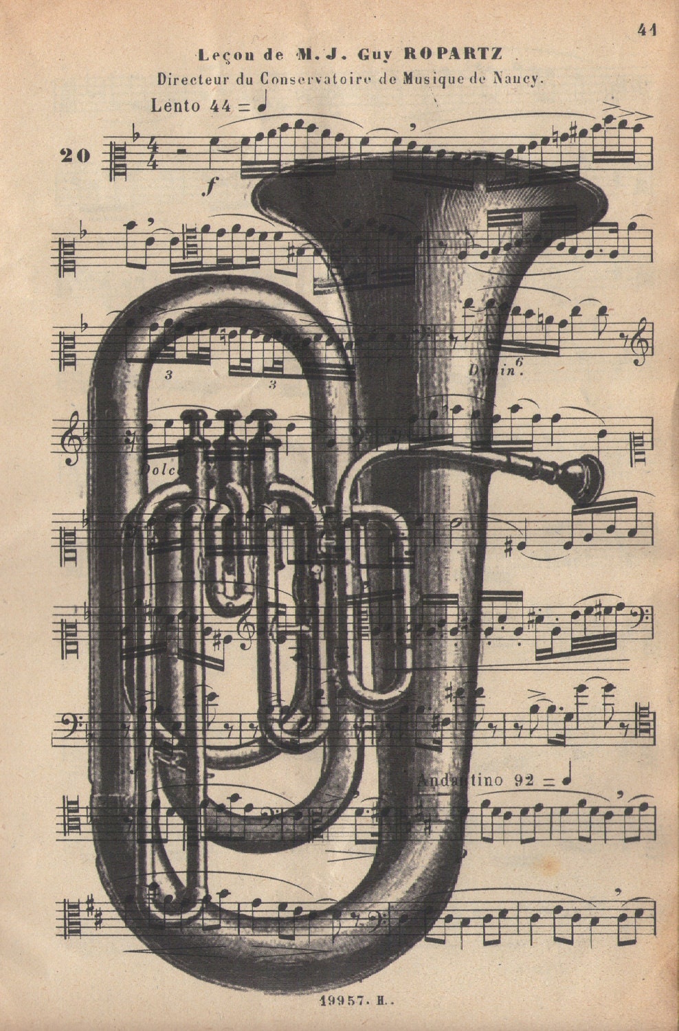 Tuba brass antique sheet music book page upcycled dictionary