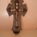 1910's Benitier holy water font crucifiction wall plaque, green velvet backed