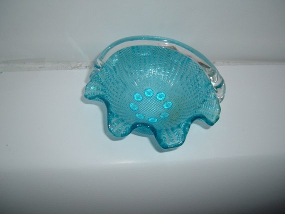 Vintage Blue Glass Ruffled Edge Basket Candy Dish With Handle