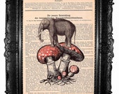 Elephant and the fly agaric- HAND Painted- ORIGINAL ARTWORK Mixed Media  on  antique magazine