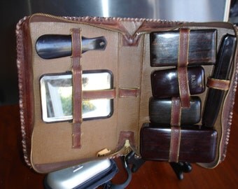 Vintage leather bound toiletries travel case