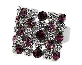 Vintage Silver Tone Retro big dimensional Purple Rhinestone Fancy Band Ring, Size 7 W