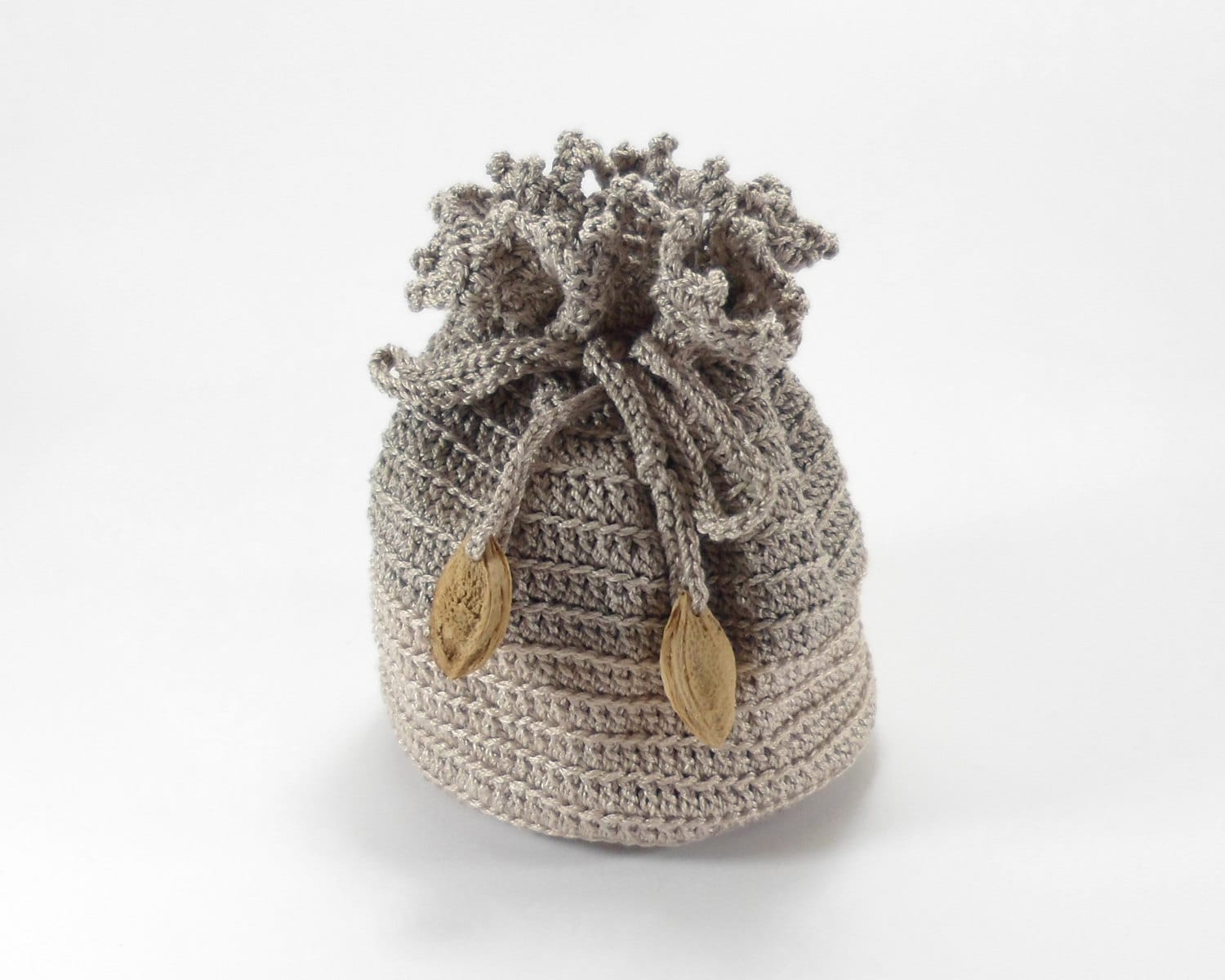 Jewelry Bag with Drawstring Crochet Pouch Gray Beige