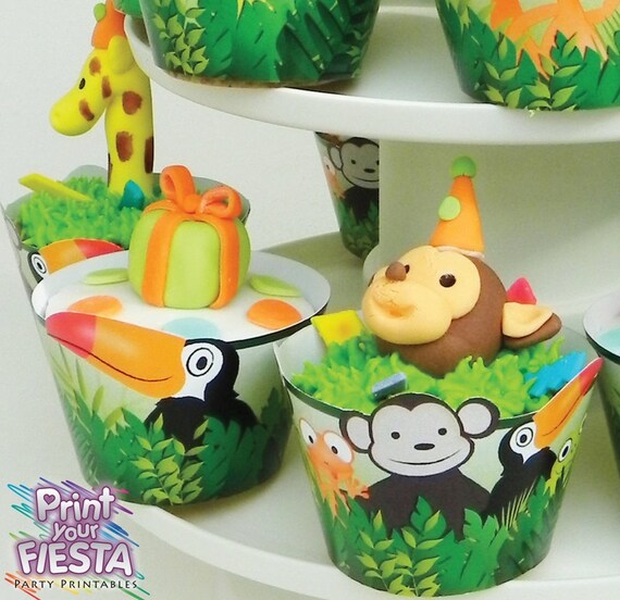 Print Your Fiesta digital party set - Jungle Party Cupcake Kit - cupcake wrappers, circle toppers, monkey, tucan, snake, frog, lizard Il_570xn