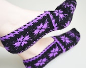 hand knitted wool slippers traditional black purple slippers socks authentic footwear booties ethnic turkish handmade slippers gift ideas