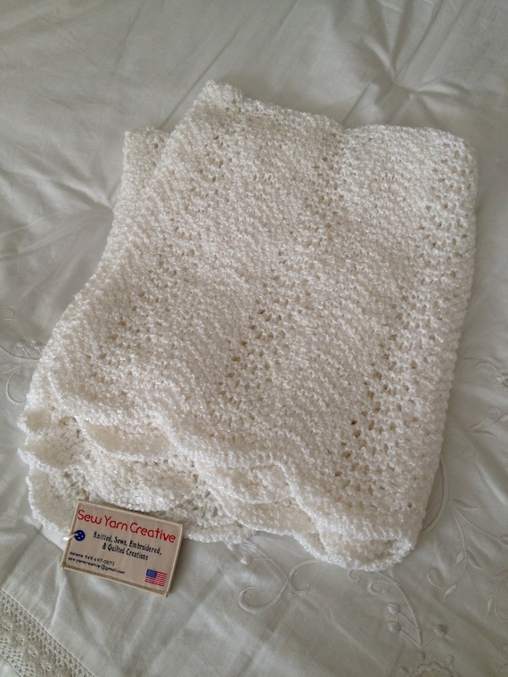 White Hand Knit Baby Blanket by SewYarnCreative on Etsy