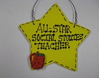 Teacher Gifts Yellow Star w/Apple All Star Social Studies Teacher