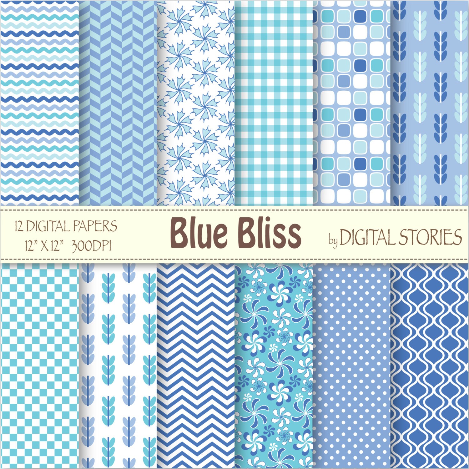 Blue Floral Digital Scrapbook Paper Pack Blue Bliss